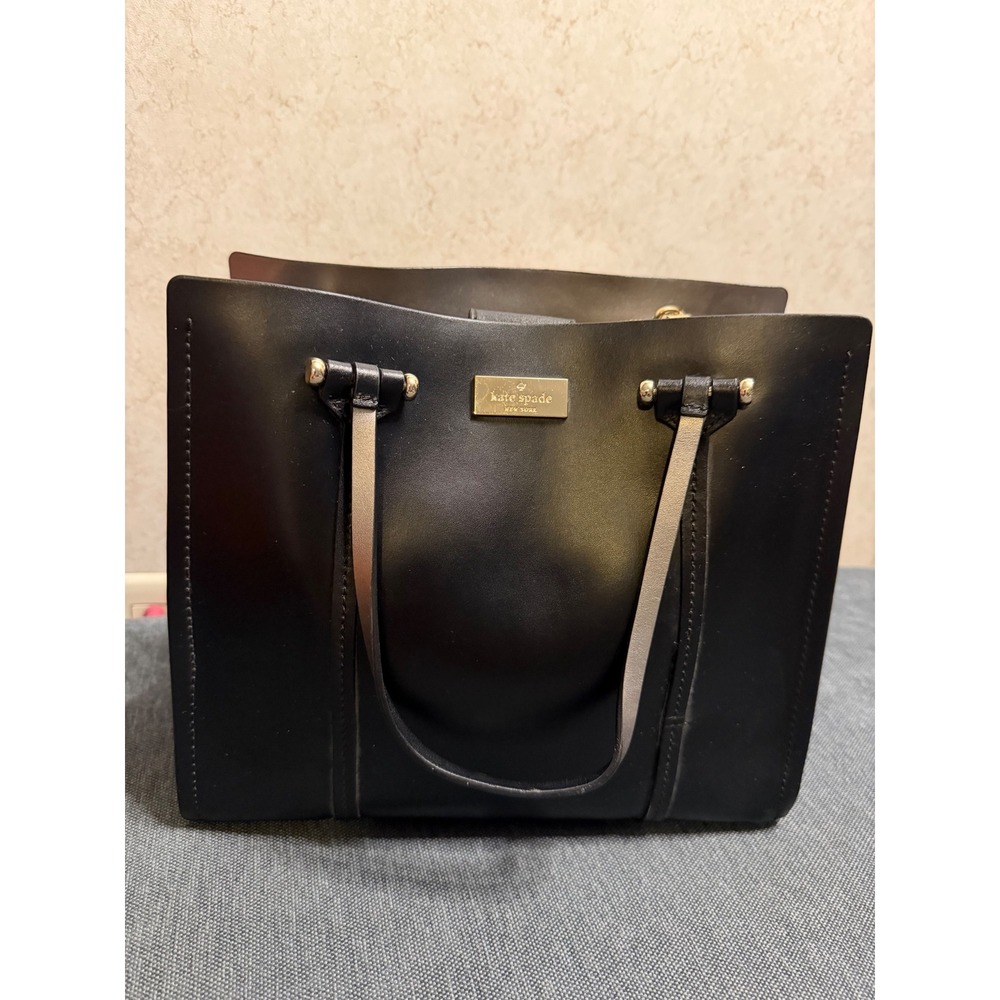 Kate Spade New York Black Leather Tote Gold Logo‎ Structured Top Handle Handbag